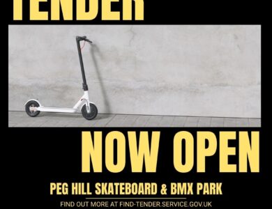 A scooter against a concrete wall with large yellow text reading 'Tender Now Open' for Peg Hill Skateboard & BMX Park. URL at bottom.