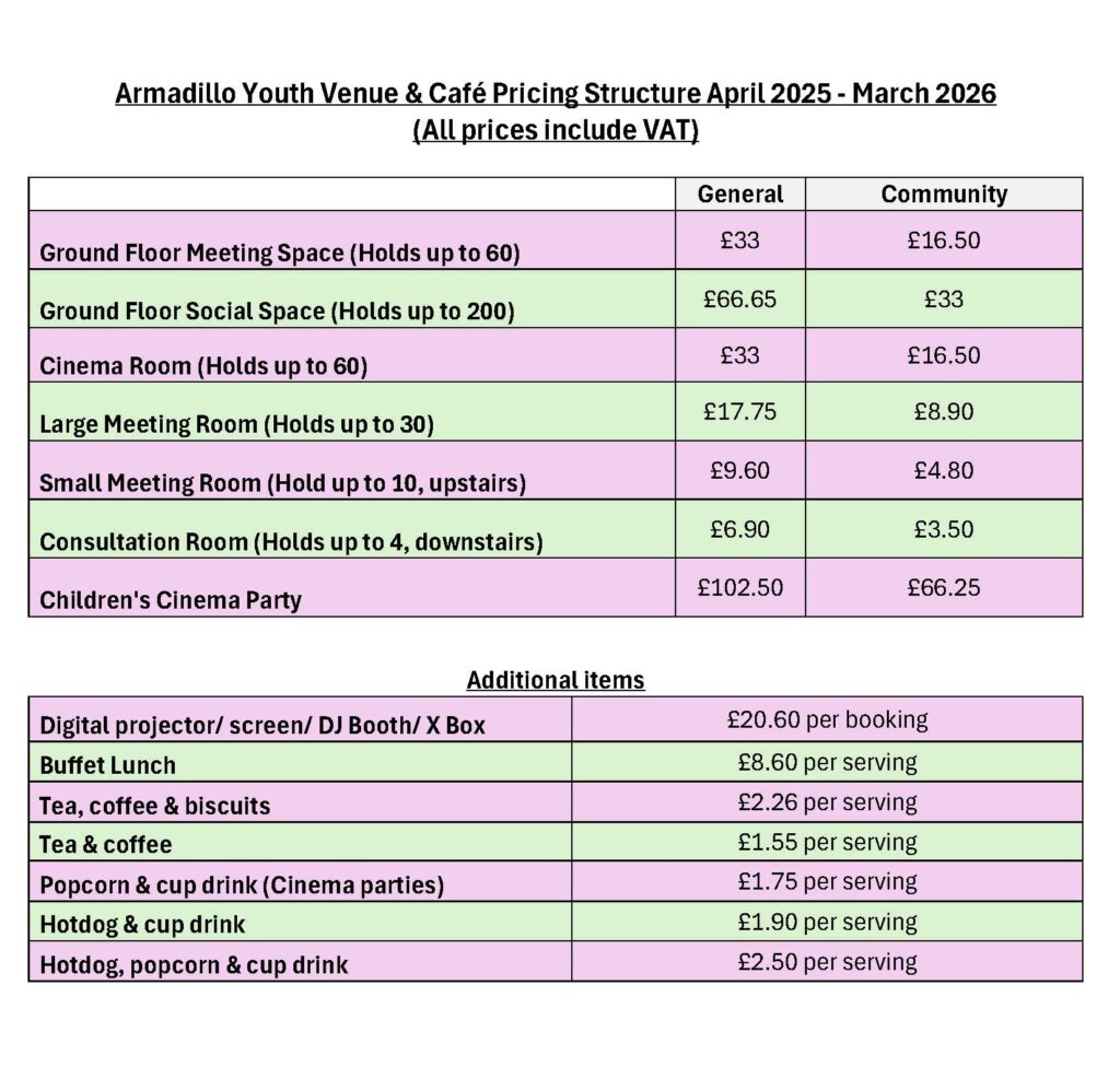 Pricing Structure 2025-26 Armadillo Youth Venue and Cafe Pricing Structure April 2025 - March 2026