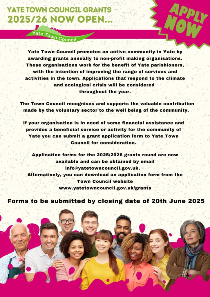 Community Grants Open 2025 Yate Town Council Grants poster which includes details of how to apply