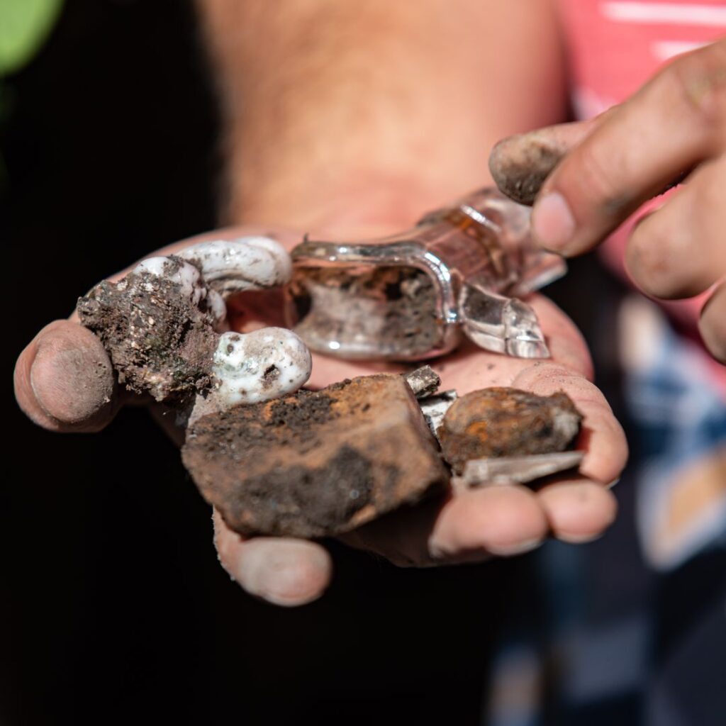 Image of hand holding excavated rocks and stones