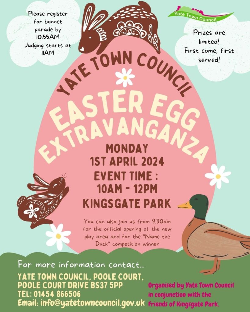 Easter Egg Extravaganza 1t april 10am-12pm kingsgate park 9:30am for official opening of new play area and "name the duck" competition winner announcement 