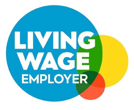 Blue circle with bold white text reads "Living Wage Employer." Overlapping yellow, green, and red circles add vibrant contrast and positive tone.