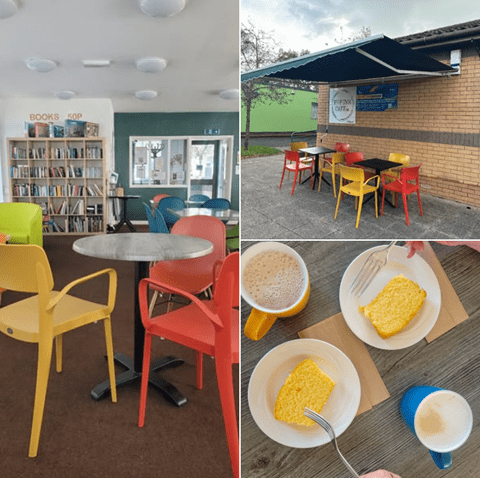 Images of indoor and outdoor seating areas, cakes and drinks.