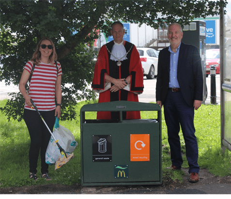 Photo of Sarah White from the ‘Sodbury and Yate Clean Up’ community group, Karl Tomasin, Mayor of Yate Town Council and Mike Guerin, Franchisee and Owner of McDonald’s Yate.